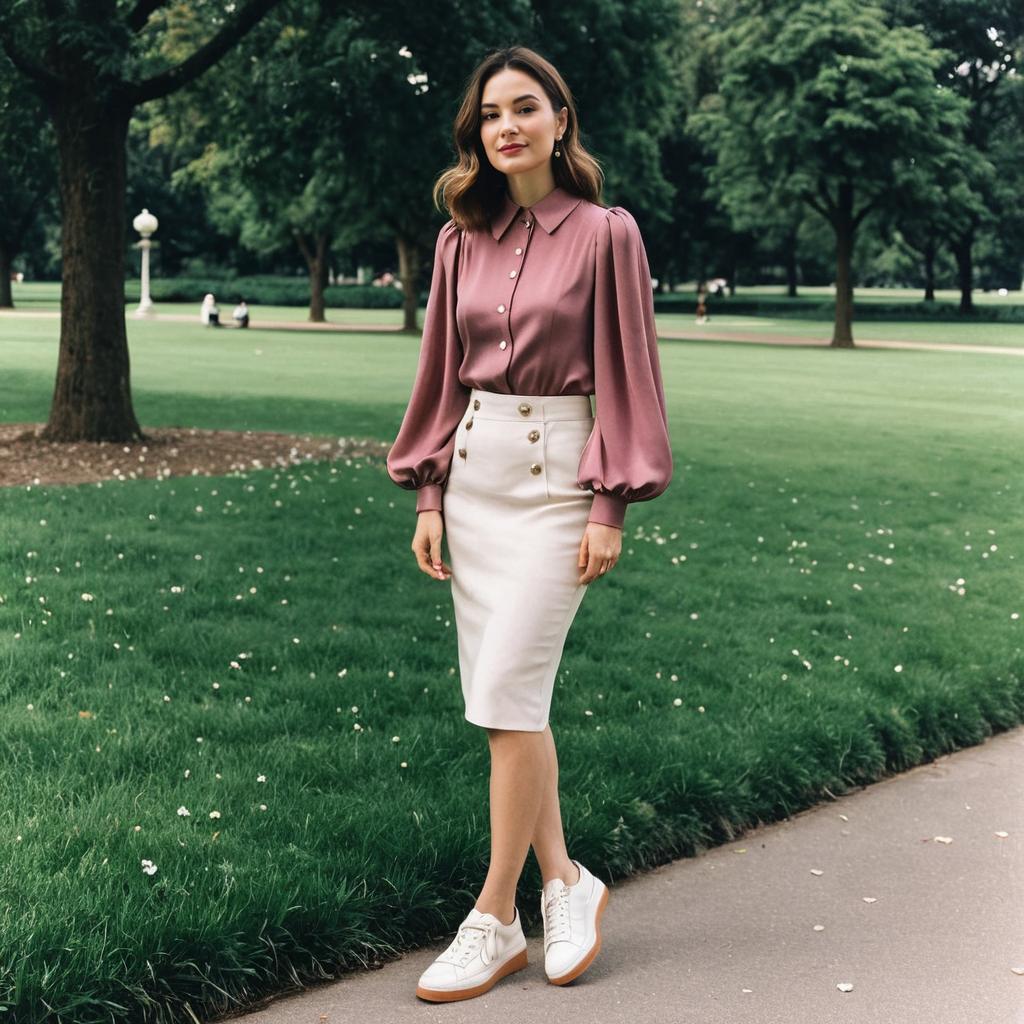 Woman in Stylish Mauve Blouse and White Pencil Skirt in Park