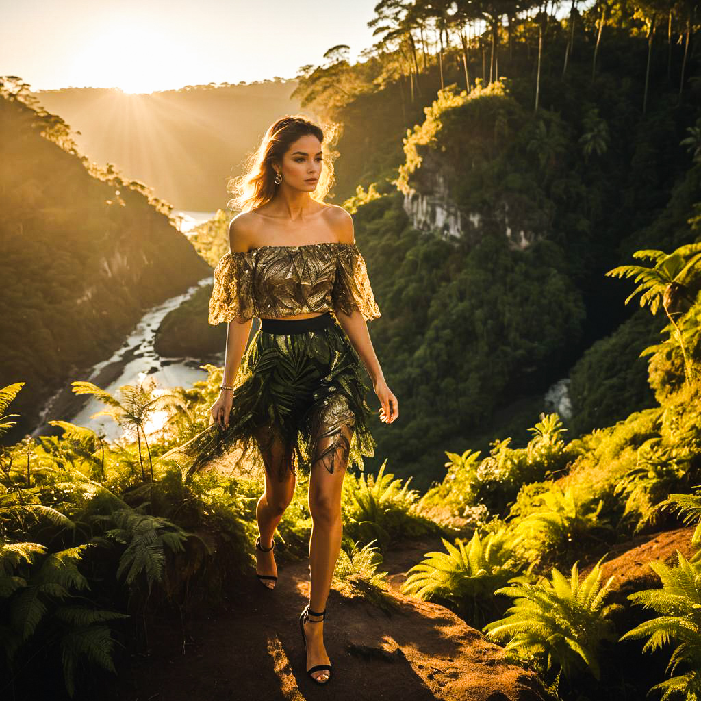 Stunning Woman in Tropical Landscape at Sunset