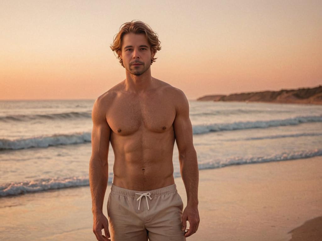 Fit man on beach at sunset