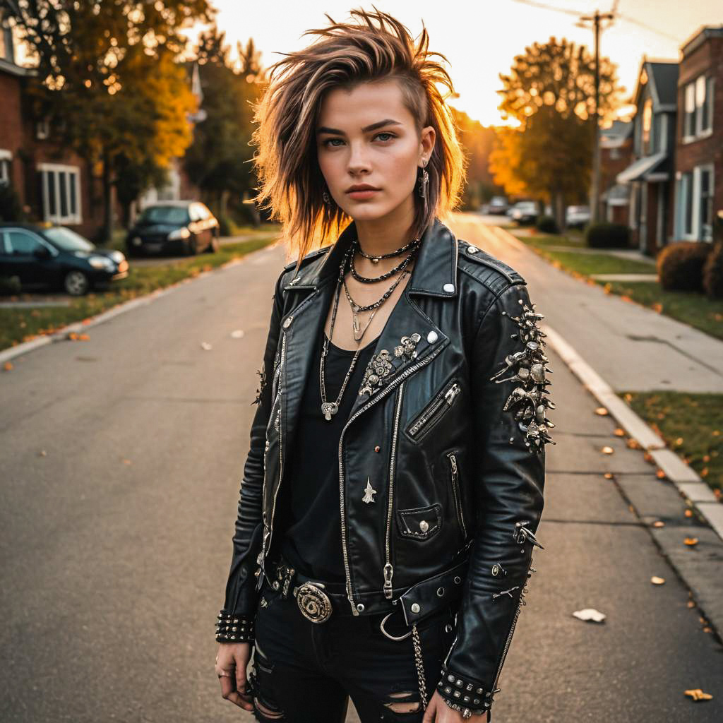 Punk Woman at Sunset in Suburb