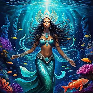 Mermaid with Turquoise Scales in Underwater Fantasy