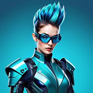 Futuristic Woman in High-Tech Armor with Blue Hair