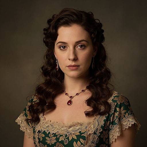 Vintage Style Portrait of Woman in Elegant Green Dress with Ruby Jewelry