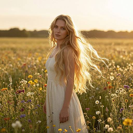 Blonde Woman in White Dress Standing in Wildflower Field at Sunset
