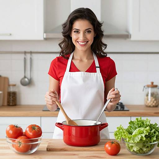 Happy Woman Cooking with Fresh Vegetables in Modern Kitchen