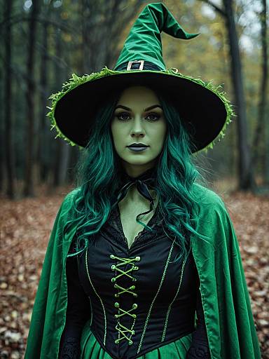 Photorealistic Woman in Green Witch Costume Halloween Cosplay Portrait
