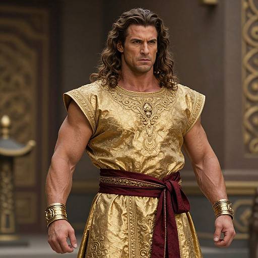 Heroic Man in Golden Embroidered Tunic with Burgundy Sash