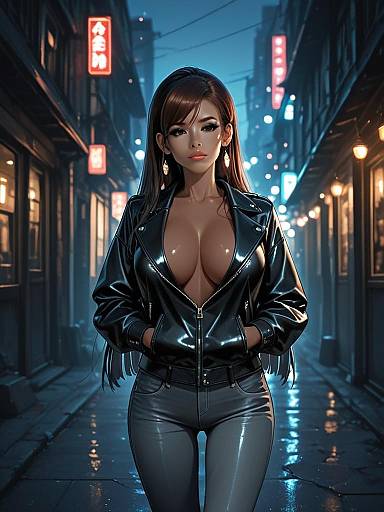 Stylish Woman in Black Leather Jacket on Neon-Lit Cyberpunk Alley