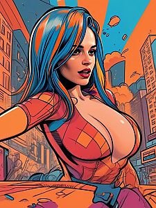 Vibrant Woman with Blue and Orange Hair in Cityscape