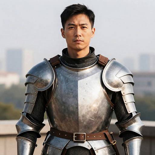 Man in Medieval Knight Armor with City Background Close-Up