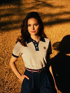 Woman in Casual Preppy Navy Blue and White Striped Polo Shirt