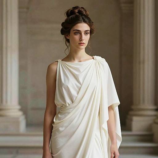 Young Woman in White Grecian Dress with Classical Architecture