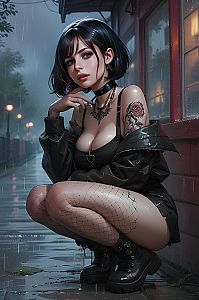 Edgy Gothic Woman in Rainy Urban Night Digital Art