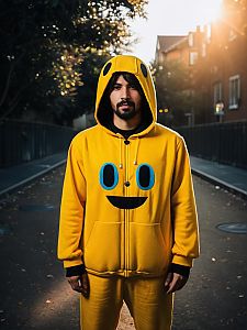 Man Cosplay Wearing Pac-Man Costume Realistic Photo Outdoors