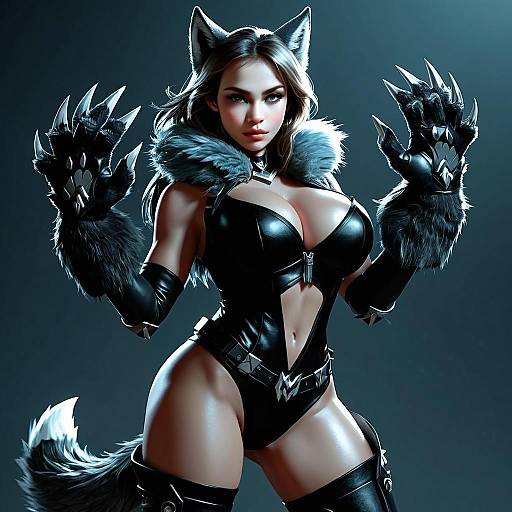 Fantasy Woman in Black Leather Cat Costume with Claws Digital Artwork