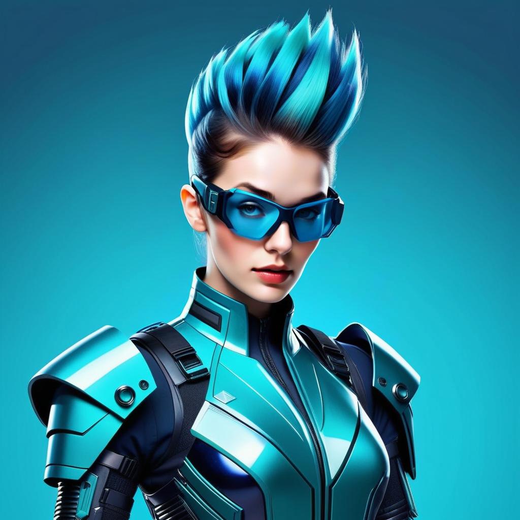 Futuristic Woman in High-Tech Armor with Blue Hair