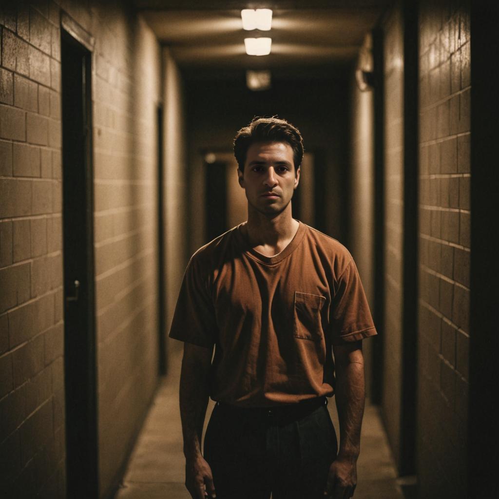 Solemn Prisoner in Dimly-Lit Hallway