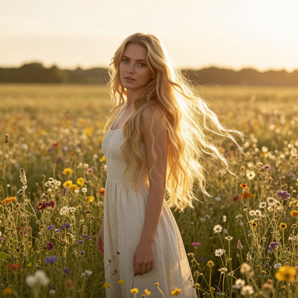 Blonde Woman in White Dress Standing in Wildflower Field at Sunset