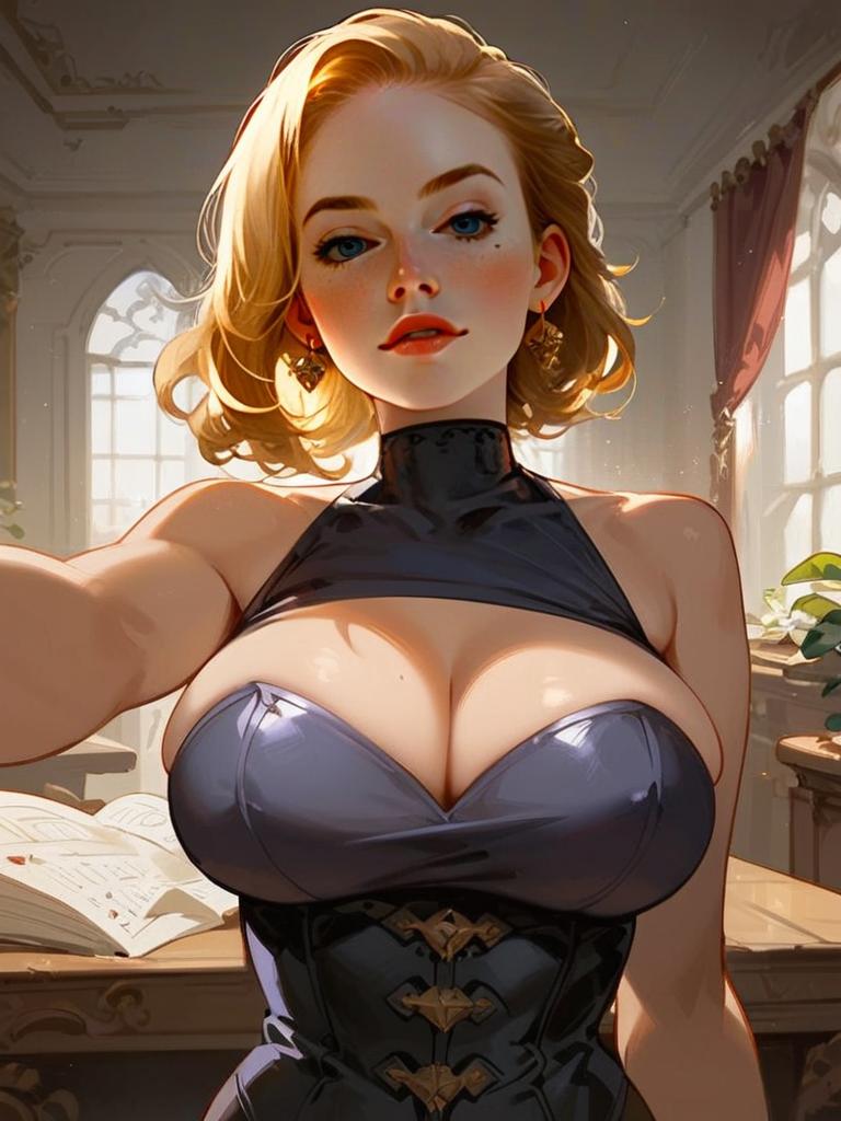 Digital Anime Style Artwork of Blonde Woman in Corset Outfit Indoor