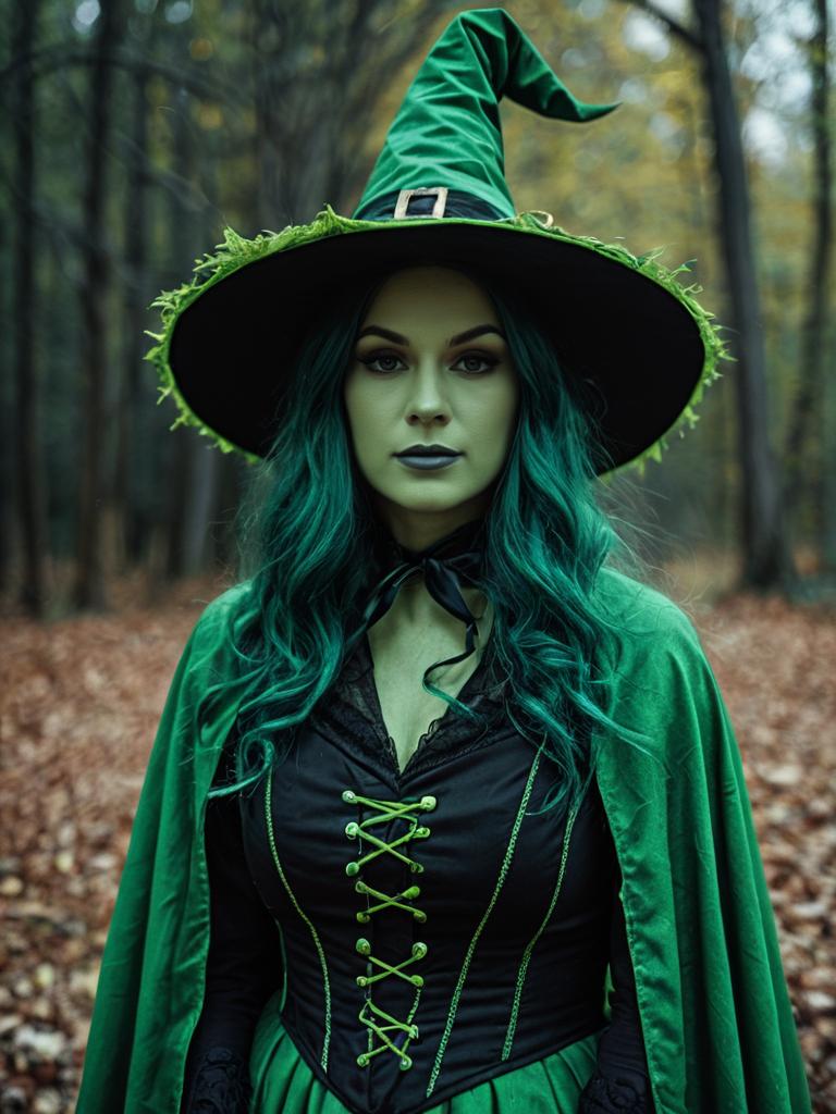 Photorealistic Woman in Green Witch Costume Halloween Cosplay Portrait