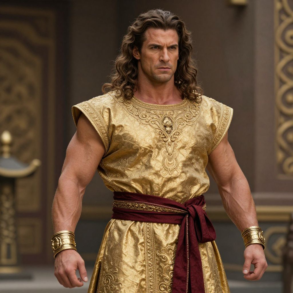 Heroic Man in Golden Embroidered Tunic with Burgundy Sash