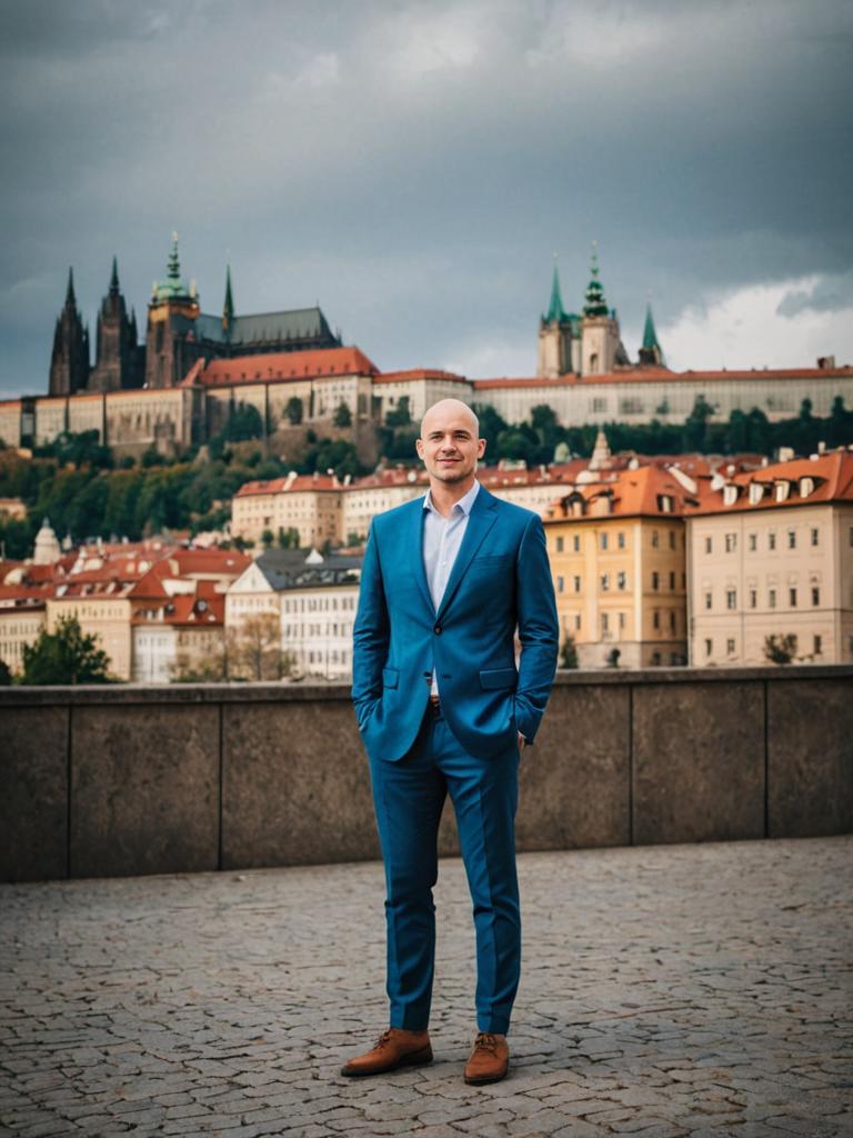 Confident Man in Blue Suit Against Scenic Cityscape