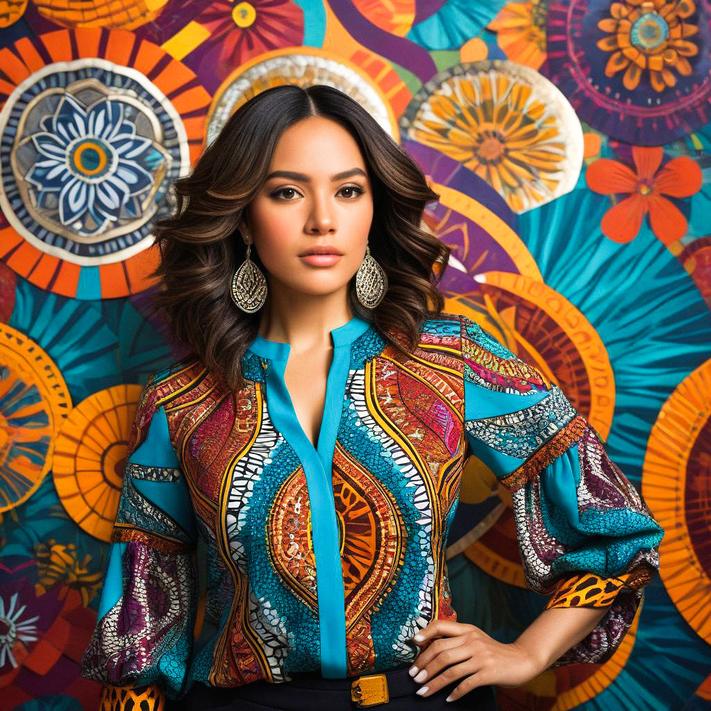 Confident Woman in Stylish Outfit Against Colorful Floral Background
