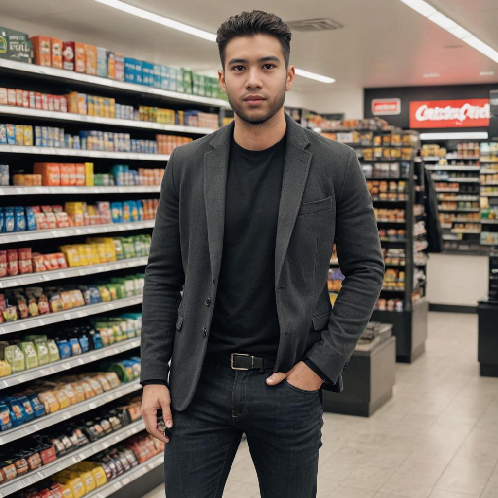 Confident Man in Grocery Store Aisle