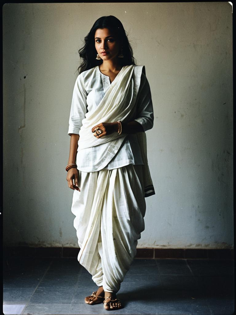 Traditional White Dhoti Suit Salwar Cultural Fashion Portrait of Woman