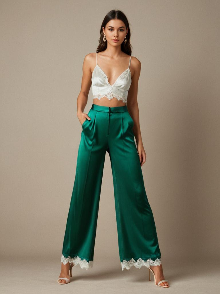 Chic Woman in Lace Bralette and Green Satin Pants