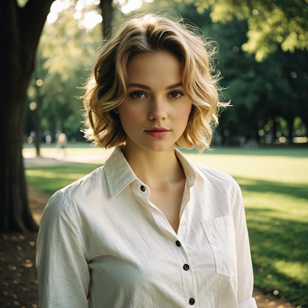 Young Woman Portrait in White Shirt Outdoors in Park Young Woman Portrait in White Shirt Outdoors in Park