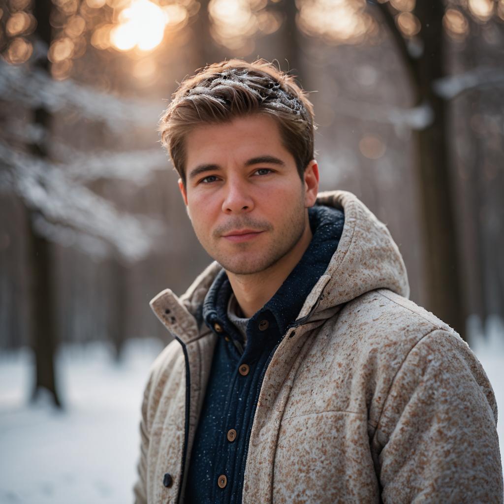 Confident Young Man in Winter Forest