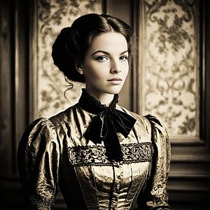 Young Woman in Elegant Vintage Gown Against Classic Background
