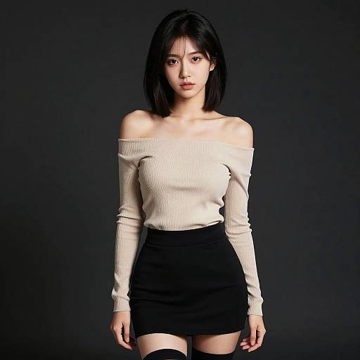 Trendy Gen Z Woman in Off-Shoulder Top and Black Mini Skirt