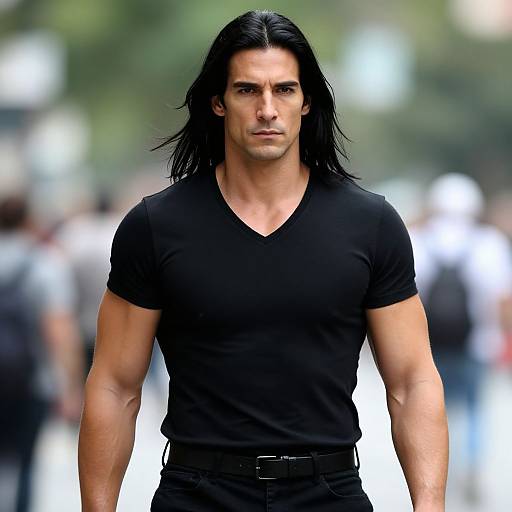 Confident Man with Long Black Hair in Black V-Neck Walking Outdoors