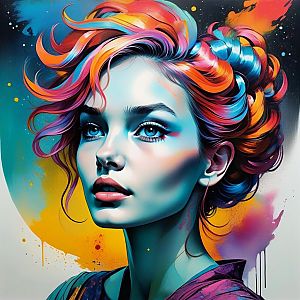 Vibrant Digital Portrait of a Woman with Multicolored Hair