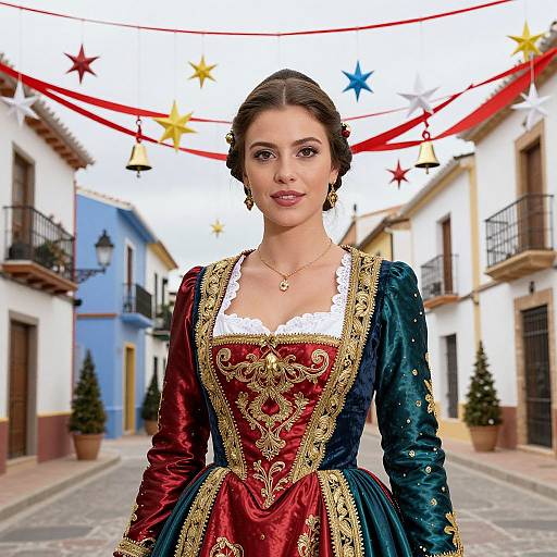 Woman in Traditional Embroidered Dress on Festive Mediterranean Street