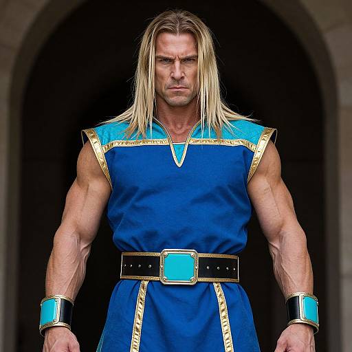 Muscular Man in Blue Medieval Fantasy Costume with Gold Trim