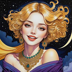 Woman with Curly Blonde Hair in Purple Attire Under Starry Sky