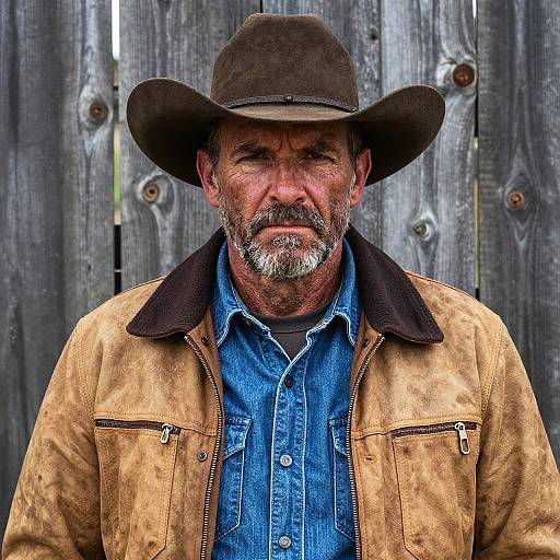 Portrait of Rugged Cowboy Man in Denim and Suede Jacket