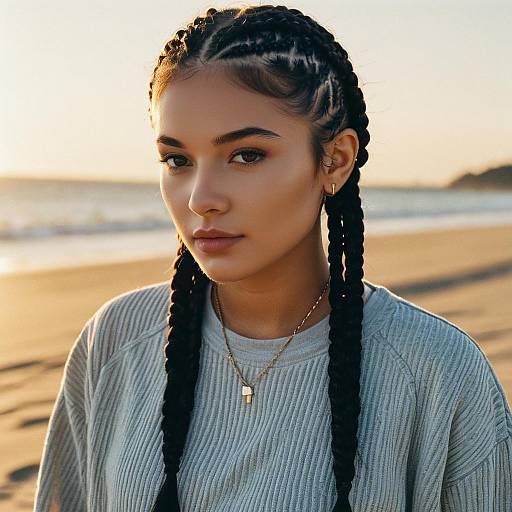 Young Woman with Braids at Golden Hour Beach Portrait