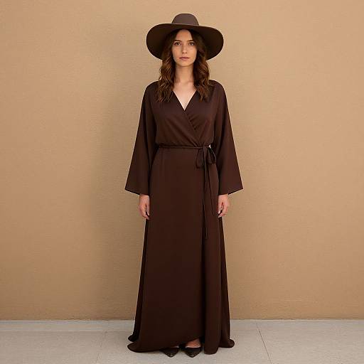 Woman in Long Dark Brown Wrap Dress and Wide-Brimmed Hat