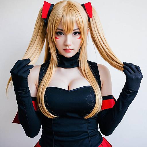 Anime-Inspired Blonde Twin-Tail Cosplay with Red and Black Outfit