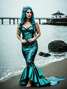 Woman in Teal Mermaid Gown on Beach