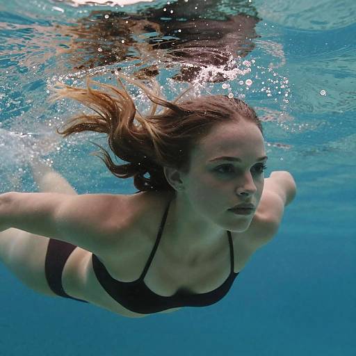 Young Woman Swimming Underwater in Black Bikini