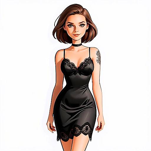Stylish Woman in Black Lace Slip Dress with Bob Haircut and Tattoo - Boudoir Inspired Digital Illustration