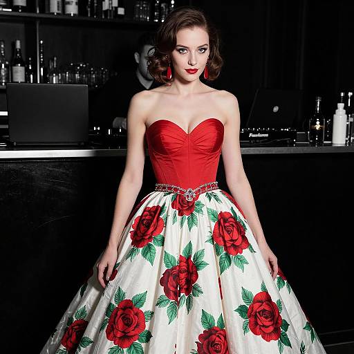 Elegant Woman in Red Strapless Rose Print Ball Gown at Bar