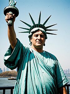 Man in Statue of Liberty Costume Humorous Cosplay Portrait Photorealistic