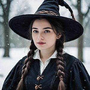 Young Woman in Witch Costume in Snowy Forest