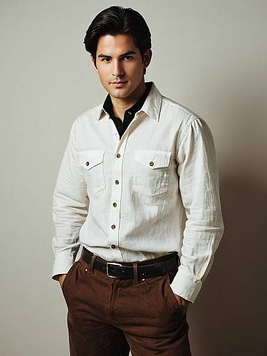 Man Wearing Linen Cotton Shirt with Brown Pants in Realistic Portrait